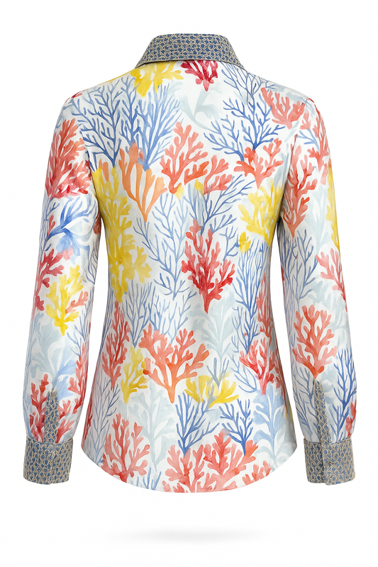 TAMARIN – Stretch Silk Satin Blouse, “Oceanus” Print