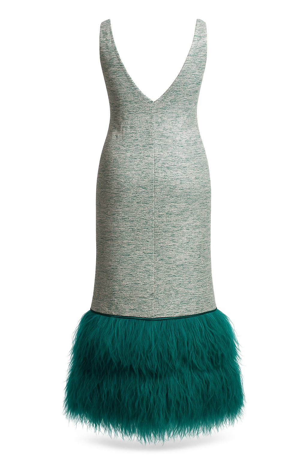 LUGANO – Long Green Tweed Dress with Duck-Green Feather Hem