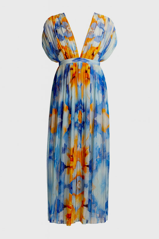 SUZY – Long Pleated Dress in Como Silk Georgette, “Poésie” Print