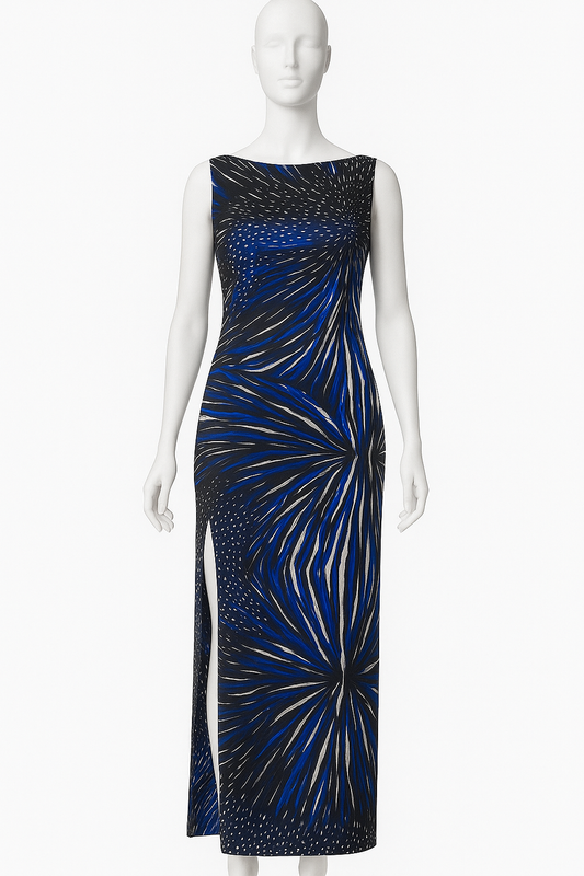 L’ANNO “Pintade” – Backless Cowl Maxi Dress in Como Silk Satin Print