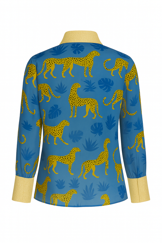 TAMARIN – Silk Georgette Shirt with "Static" Print and Florentine Straw Details