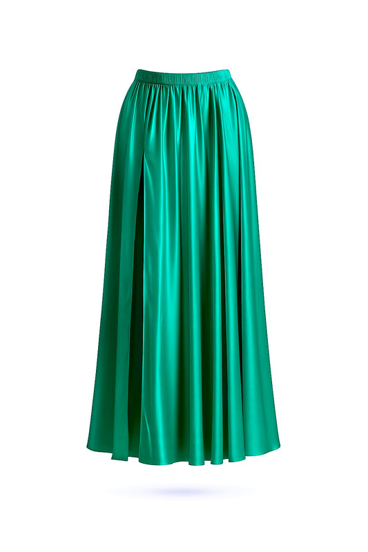 ANDROS emerald green silk satin maxi skirt with slit