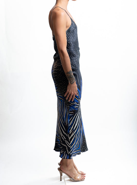 Slip dress in Como silk satin, Pintade print, side iw