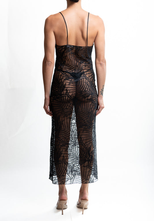 BARBERA – Black Palm Leaf Lace Mid Dress