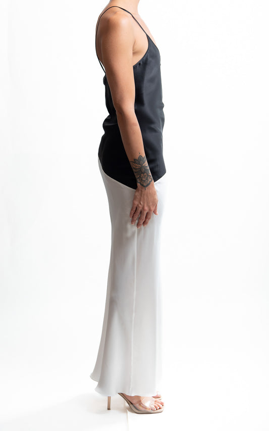 BARBERA – Black & White Bias-Cut Silk Satin Long Dress