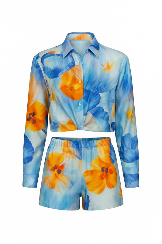 elastic waistband and vivid oversized floral pattern on Como silk