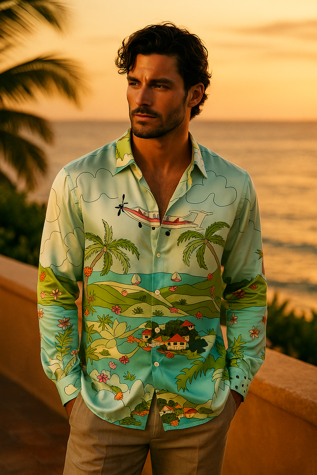 BOYFRIEND shirt in silk twill "St Barth Executive" print, relaxed cut, luxury resort style