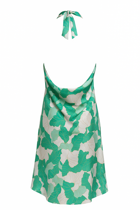 Backless silk twill halter mini dress – COROSOL Gatsby print