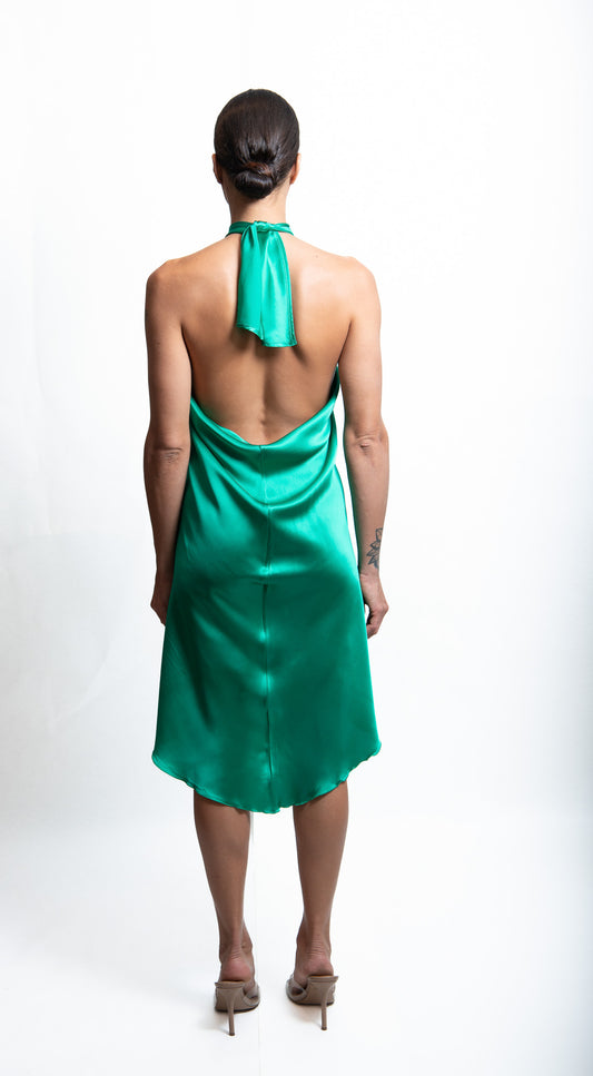 Backless silk satin halter dress with tie-neck – COROSOL Emerald