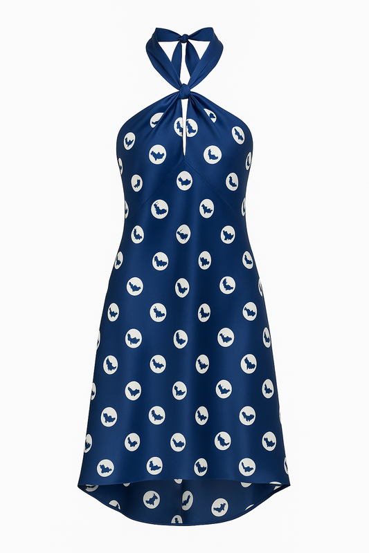 COROSOL dress in "SBH Polka Dots" print silk twill, short cut, backless halter