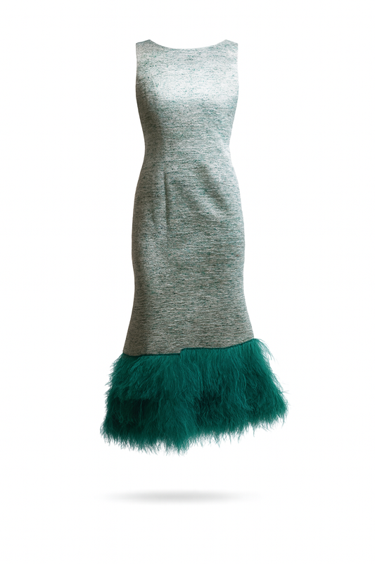 LUGANO – Long Green Tweed Dress with Duck-Green Feather Hem