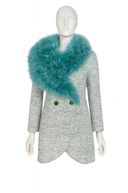 DINARA tulip dress coat in multicolor green tweed with duck-green feather collar