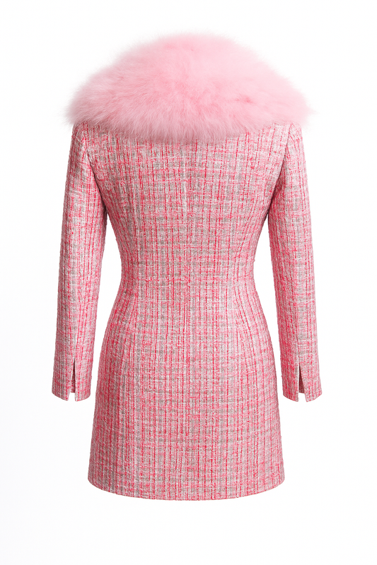 DINARA – Tulip Dress Coat in Pink Tweed with Feather Collar