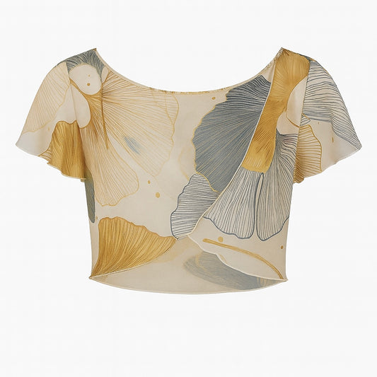 Silk crop top printed with exclusive Strut motif in gold and grey