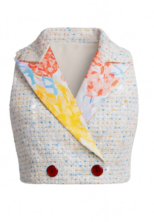 GLORIA cropped vest in multicolor tweed with "Oceanus" silk satin lapel and red mother-of-pearl buttons