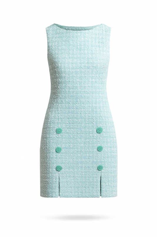 HELENE aqua tweed short dress with six mother-of-pearl buttons