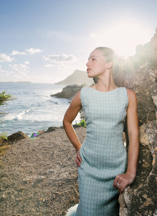 LUGANO – Aqua Tweed Long Dress with Ostrich Feathers