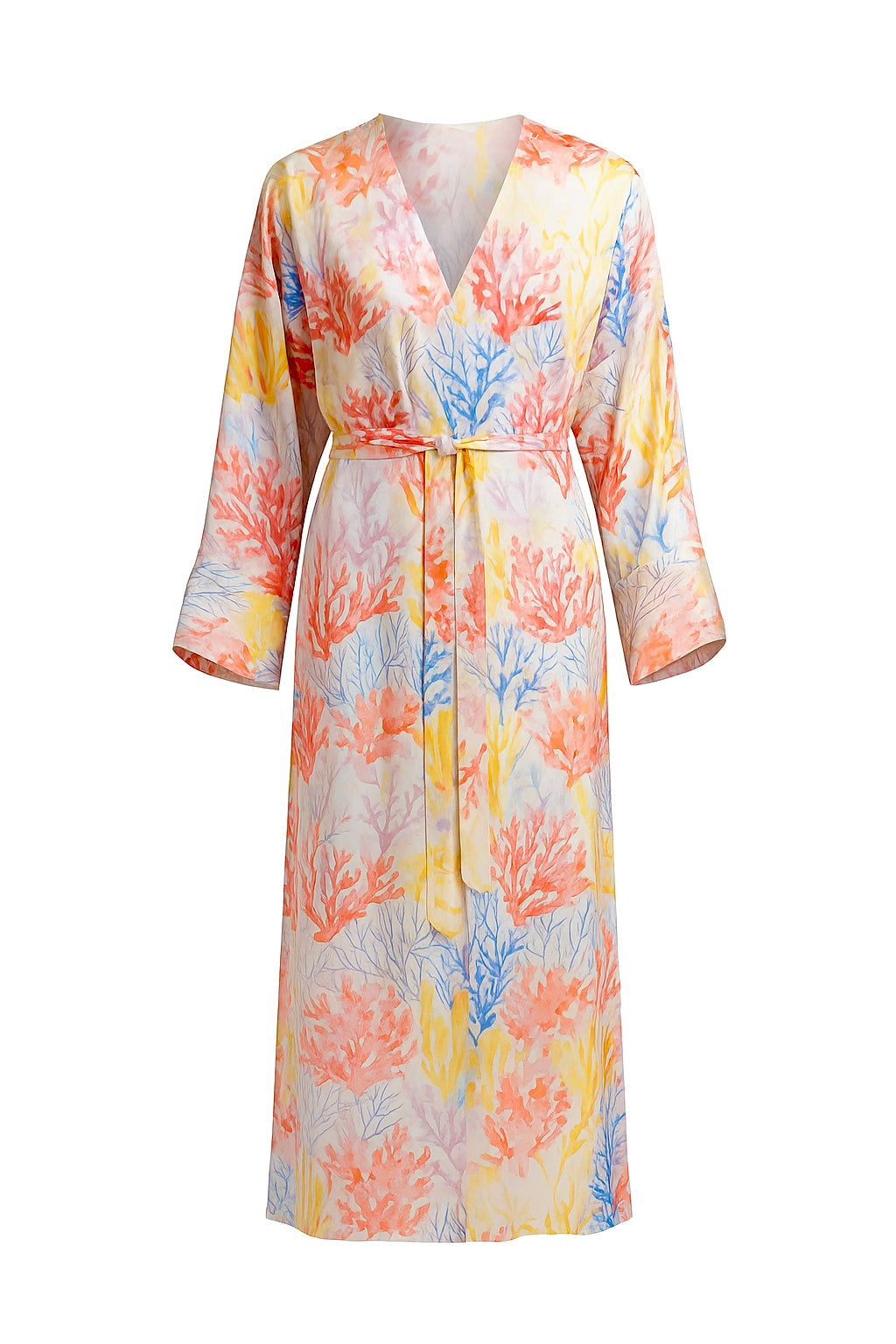 KIMONO Oceanus in silk satin with coral reef print and sash belt