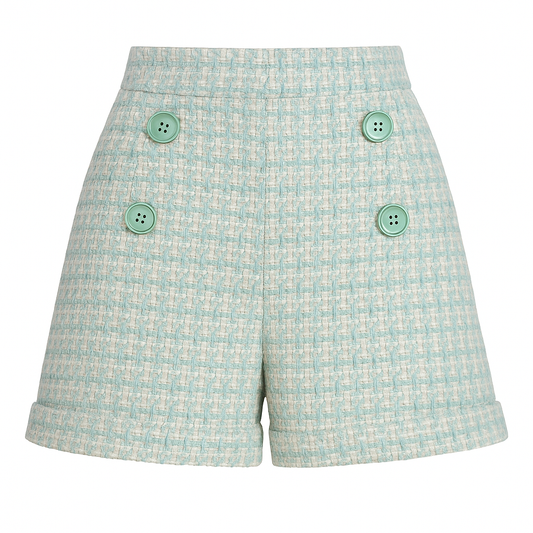 LOLITA aqua tweed shorts with silk satin lining and aqua mother-of-pearl buttons