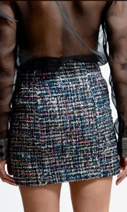 MONTAIGNE black mini skirt in multicolor tweed, genuine black mother-of-pearl buttons