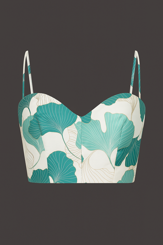 Plantation bustier top in silk satin with Gatsby print (front view)