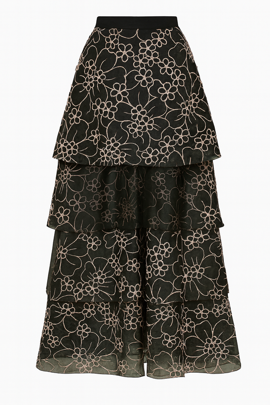 REGATTA black silk organza skirt with antique rose embroidery