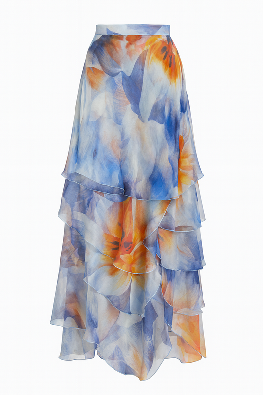 REGATA silk organza skirt with "Peonie" print, high-low cut