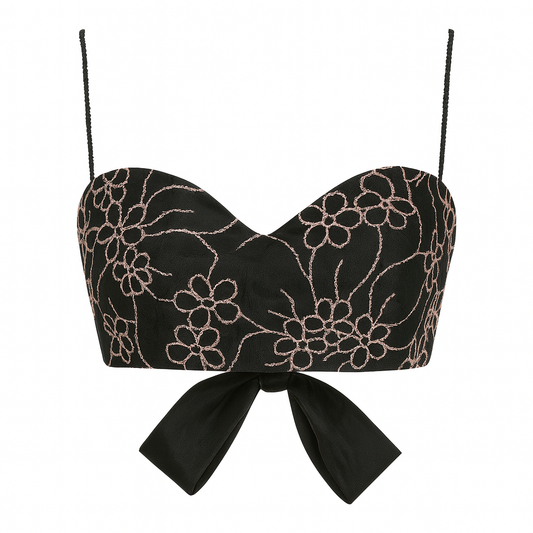 RIO black silk organza crop top embroidered with antique rose