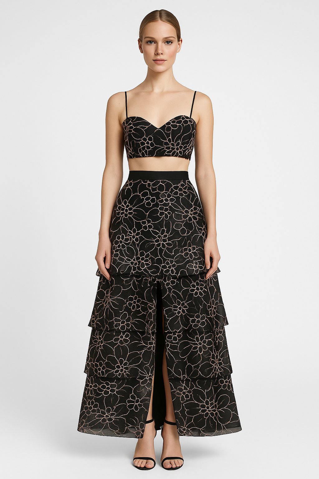 REGATTA – Black Silk Organza Skirt with Antique Rose Embroidery