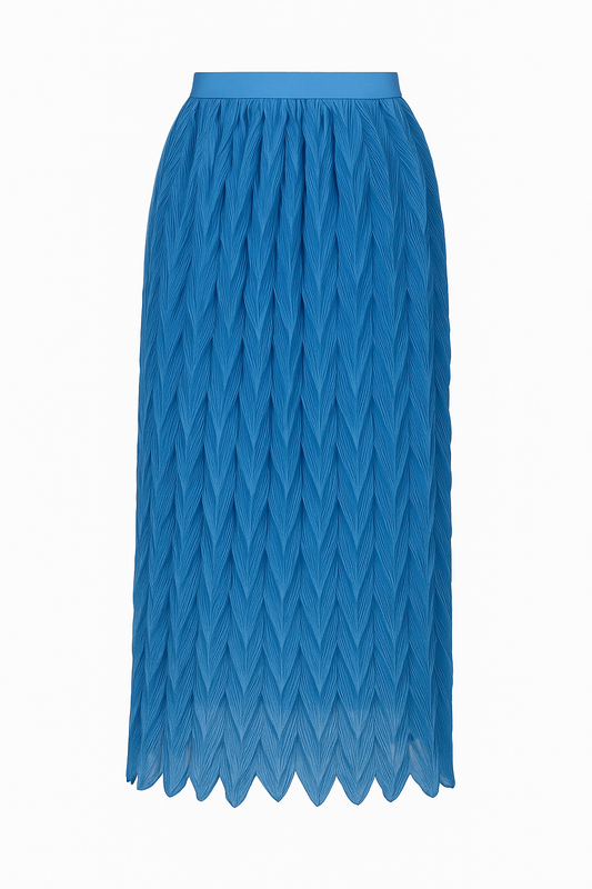 SCALA midi skirt in Como silk georgette, hand-pleated leaf motif — front view