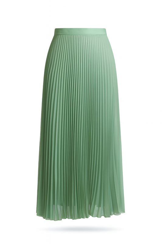 TROCADERO pleated skirt in sage green silk georgette
