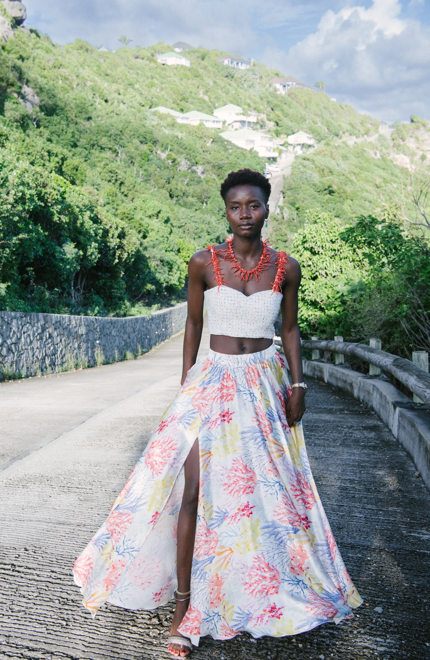 ANDROS – Long Silk Satin Skirt with "Oceanus" Coral Print