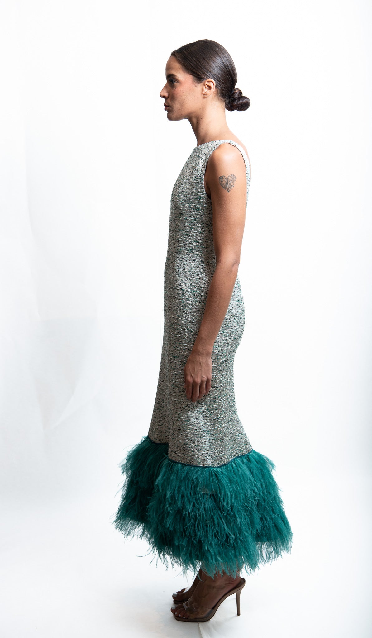 LUGANO – Long Green Tweed Dress with Duck-Green Feather Hem