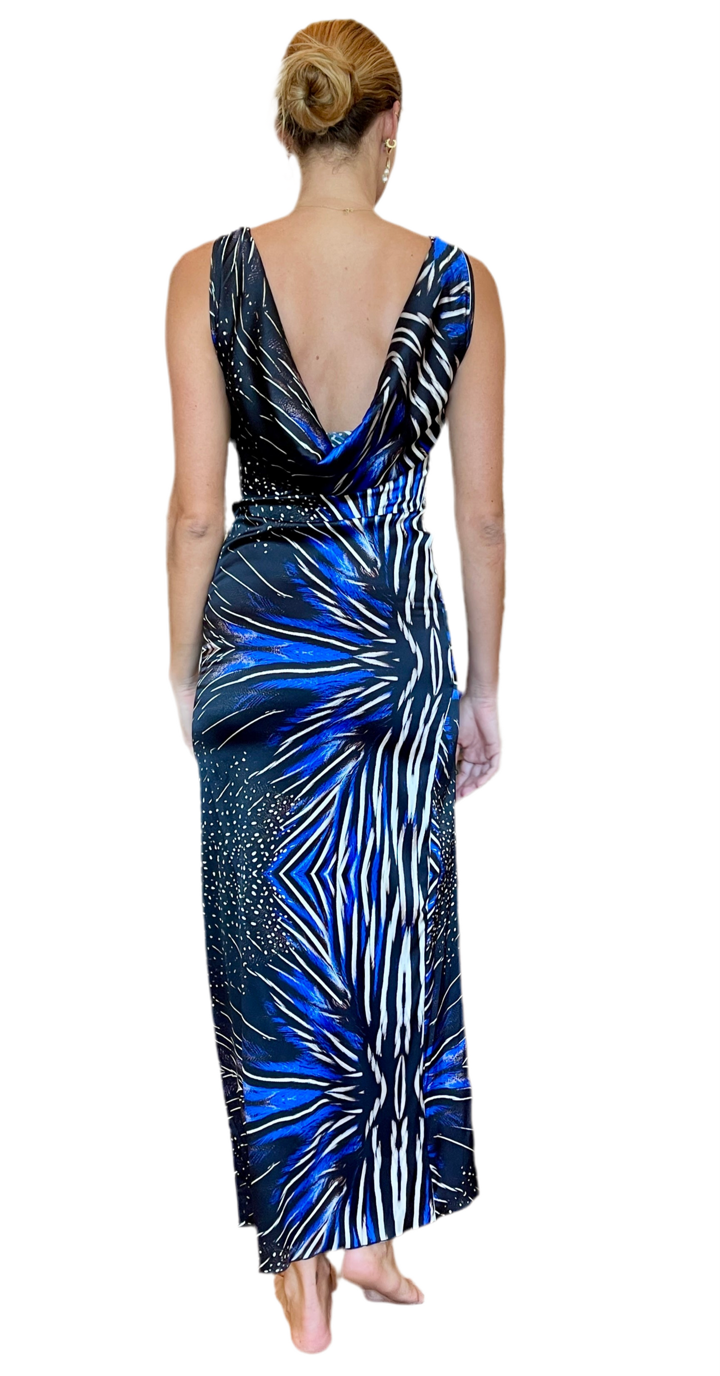 L’ANNO “Pintade” – Backless Cowl Maxi Dress in Como Silk Satin Print