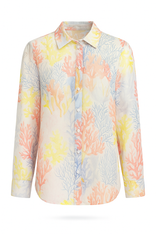 BOYFRIEND – Silk Georgette Shirt, “Oceanus” Coral Print