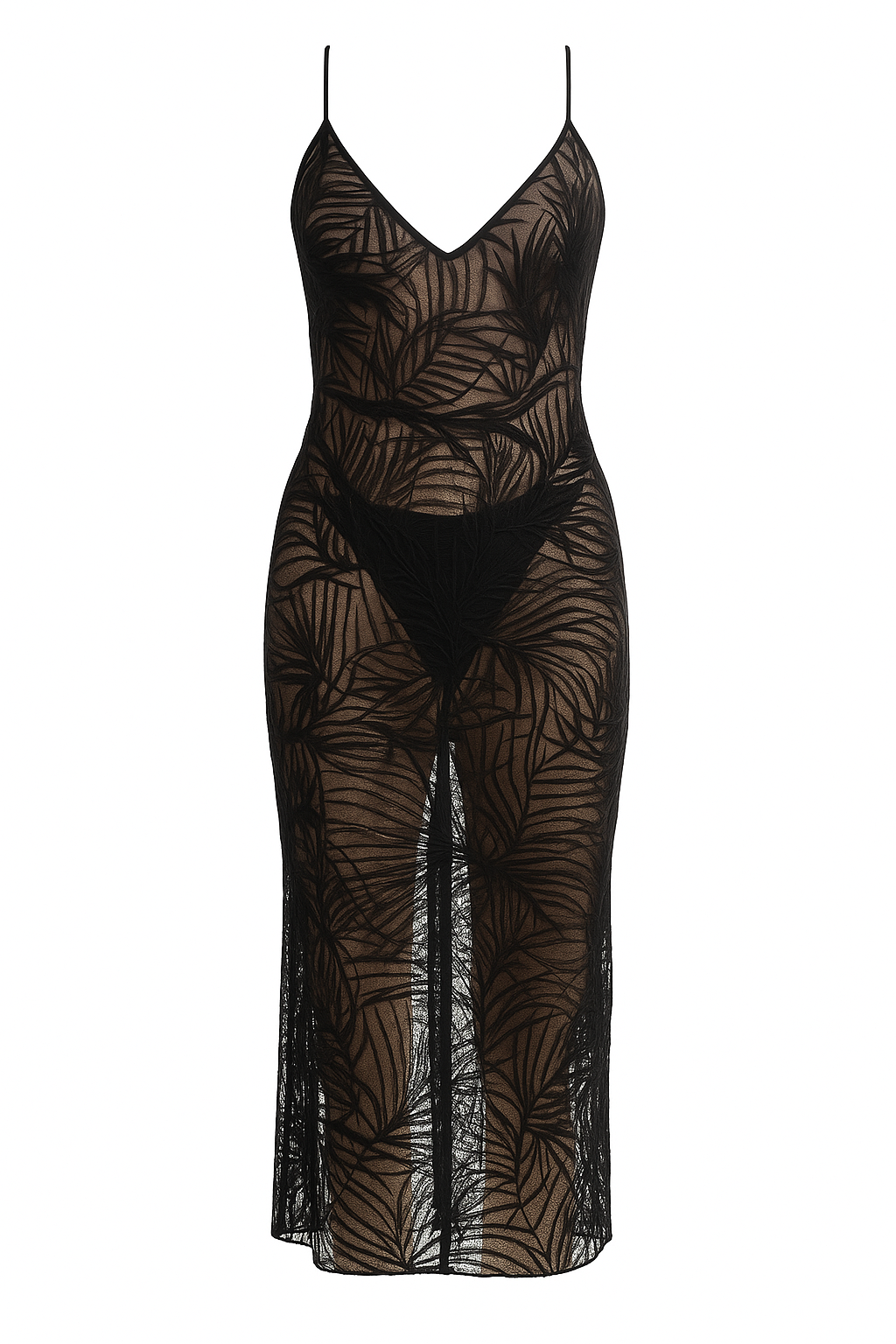 BARBERA mid-length dress in transparent black lace with palm-leaf motifs