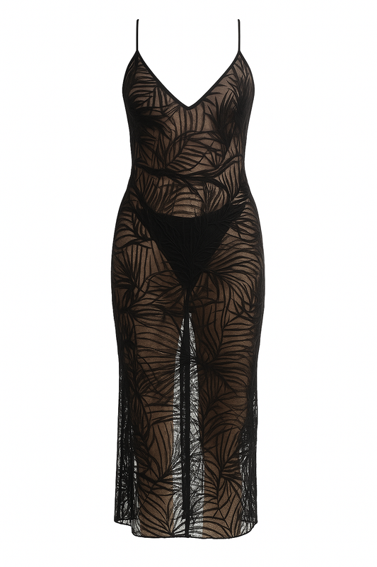 BARBERA mid-length dress in transparent black lace with palm-leaf motifs