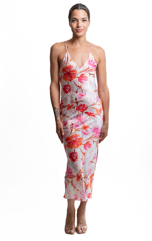 BARBER slip dress in Como silk satin with Blossom print – front view