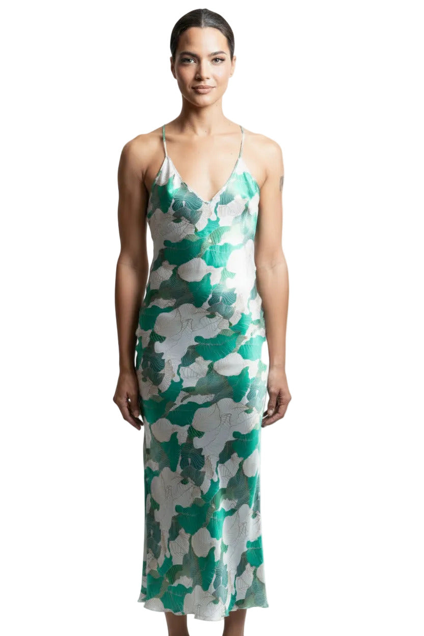 Slip dress in "Gatsby" print silk satin, bias-cut, elegant silhouette