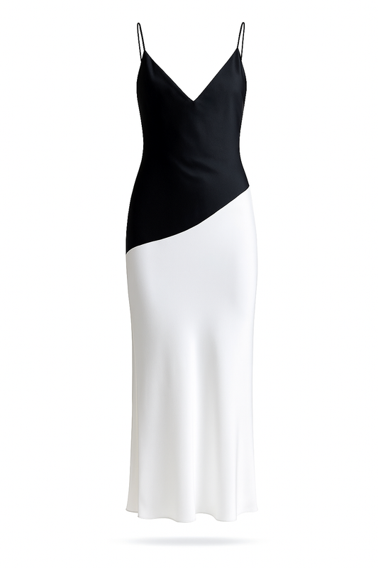 BARBERA long dress in black and white Como silk satin, bias-cut silhouette