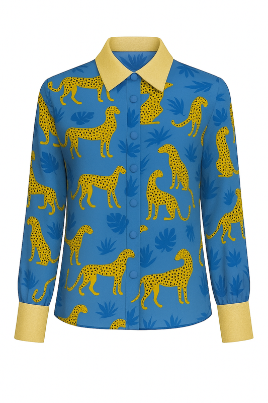 TAMARIN – Silk Georgette Shirt with "Static" Print and Florentine Straw Details