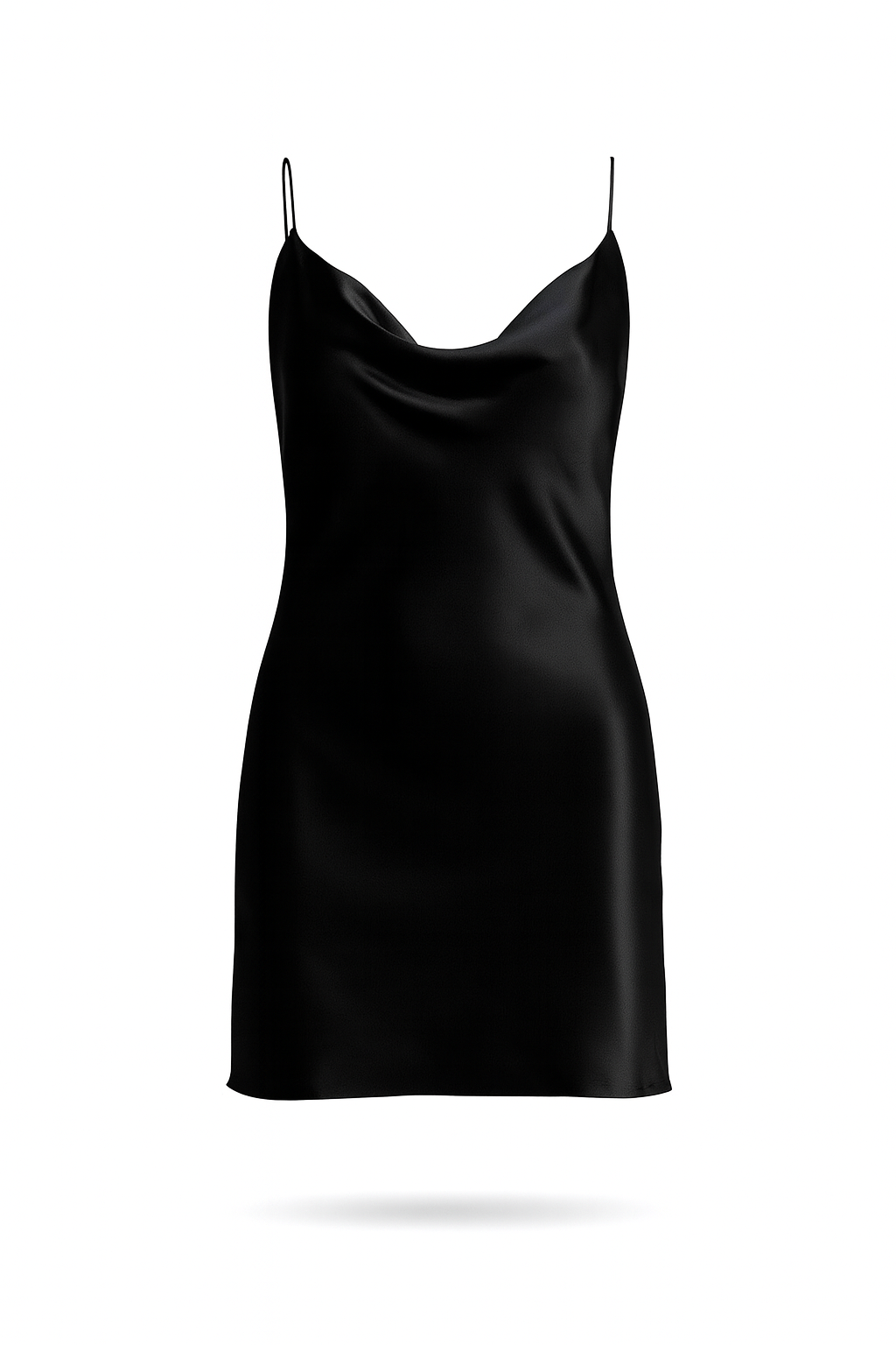 BILLY silk satin mini dress in deep black — bias-cut, draped neckline, Como silk