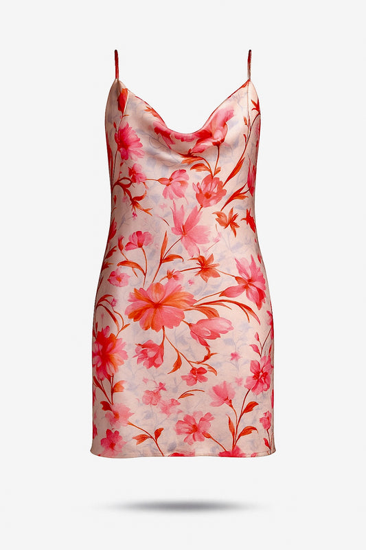 BILLY silk satin mini dress in exclusive “Blossom” print (ivory base with pink, coral and orange florals)