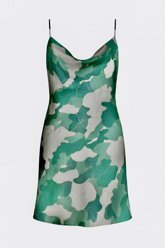 BILLY silk satin bias-cut mini dress in emerald green and ivory “Gatsby” print