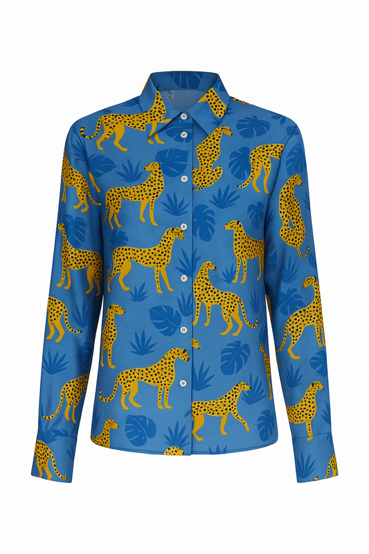 BOYFRIEND oversized silk twill shirt with "Static" cheetah print
mother-of-pearl buttons on Como silk twill fabric