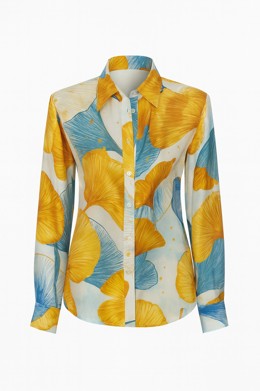BOYFRIEND silk twill shirt with "Gust" ginkgo leaf print in gold and blue