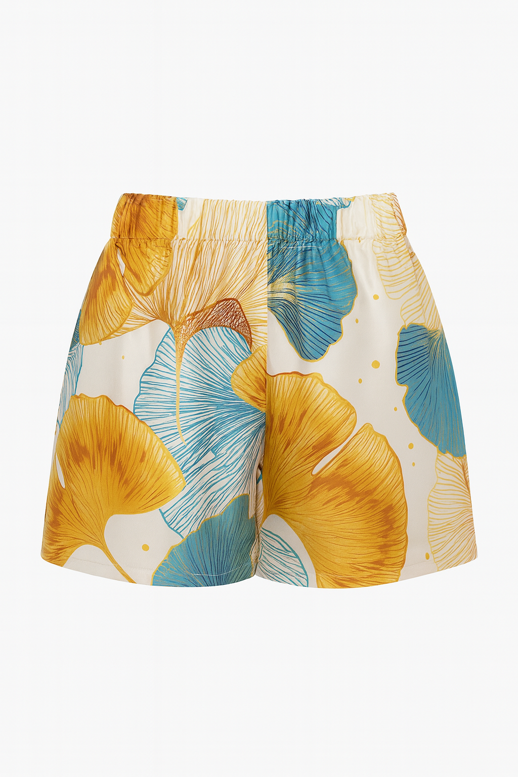 BOYFRIEND silk twill shorts with "Gust" ginkgo leaf print in gold and blue