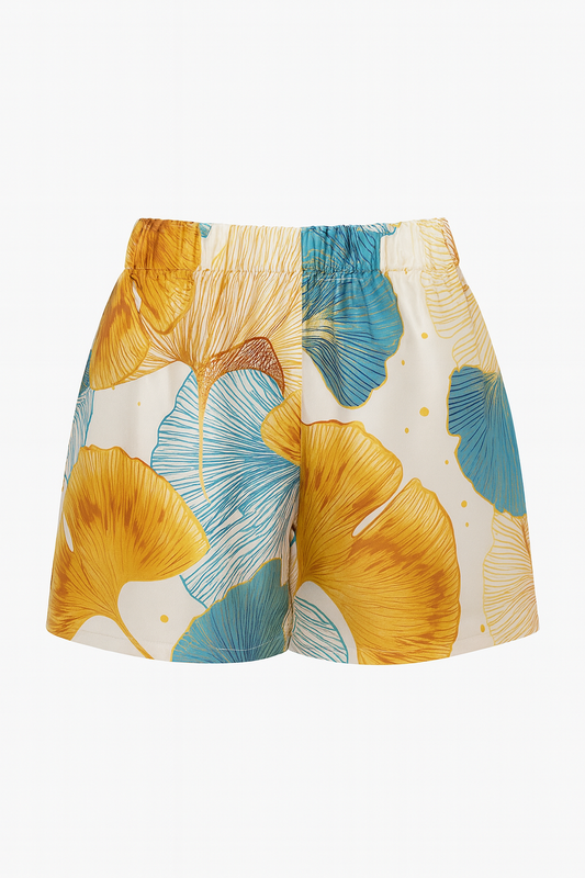 BOYFRIEND silk twill shorts with "Gust" ginkgo leaf print in gold and blue