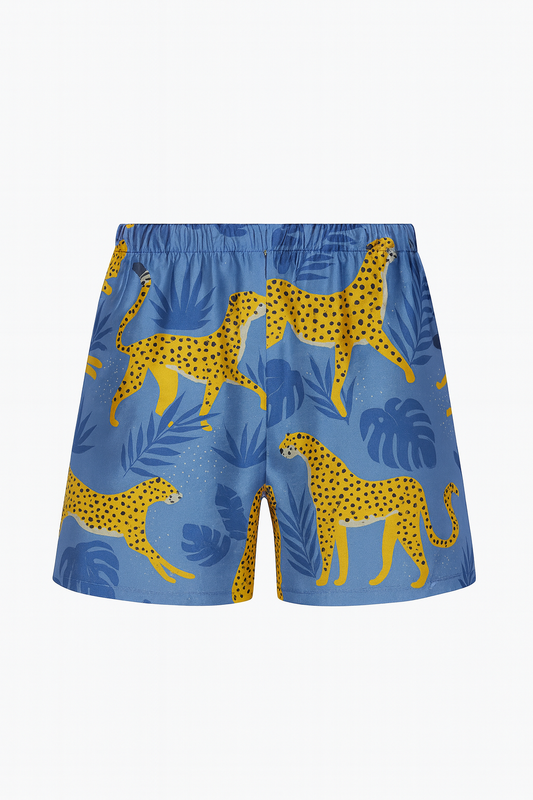 BOYFRIEND silk twill shorts with "Static" cheetah print on cobalt blue background