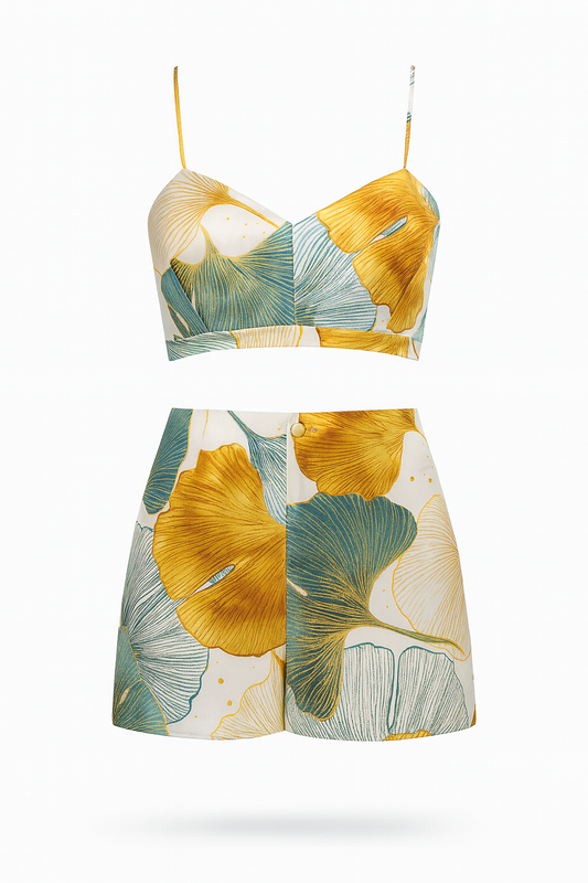CANDY silk satin shorts in "Gust" ginkgo leaf print

